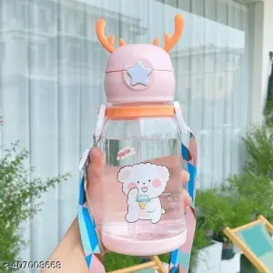 1 Pc Cartoon Graphic Cute Plastic Bottle, Leakproof Water Cup With Adjustable Shoulder Strap & Straw For Travelling- Orange